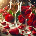 Valentines day background with red roses, gift box and two glasses of champagne Royalty Free Stock Photo